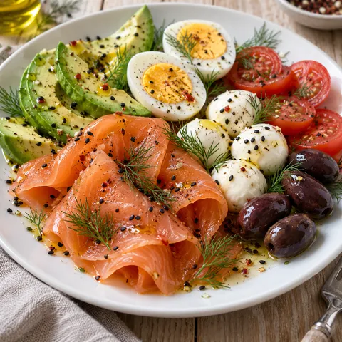 Räucherlachs mit Avocadospalten, Ei, Mini-Mozzarella, Tomaten und dunklen Oliven