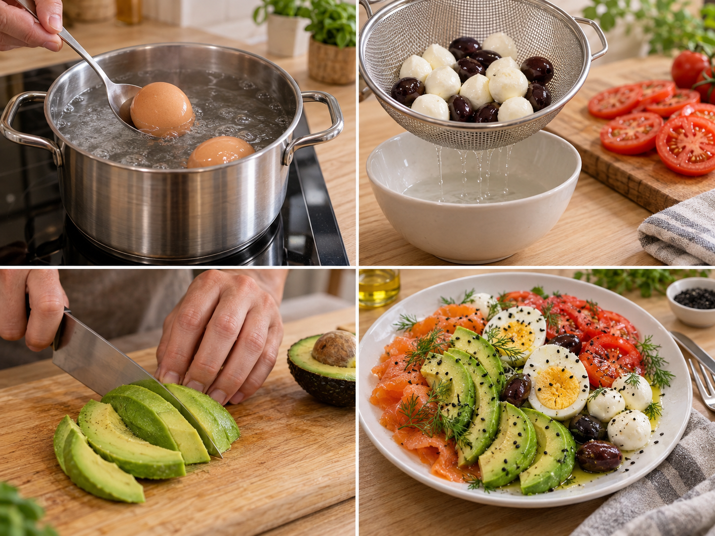 Eierkochen, Abtropfen, Avocadoschneiden und Anrichten des Räucherlachstellers