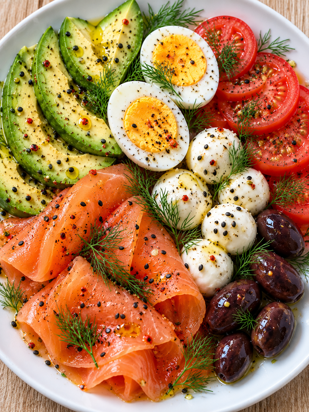 Frühstücksteller mit Räucherlachs, Avocado, Mozzarella, Ei und Dill aus der Draufsicht