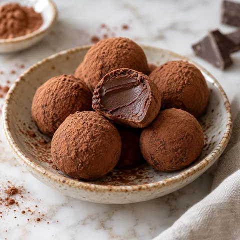 Kakaobestäubte Schokoladenpralinen mit cremiger Ganache-Mitte