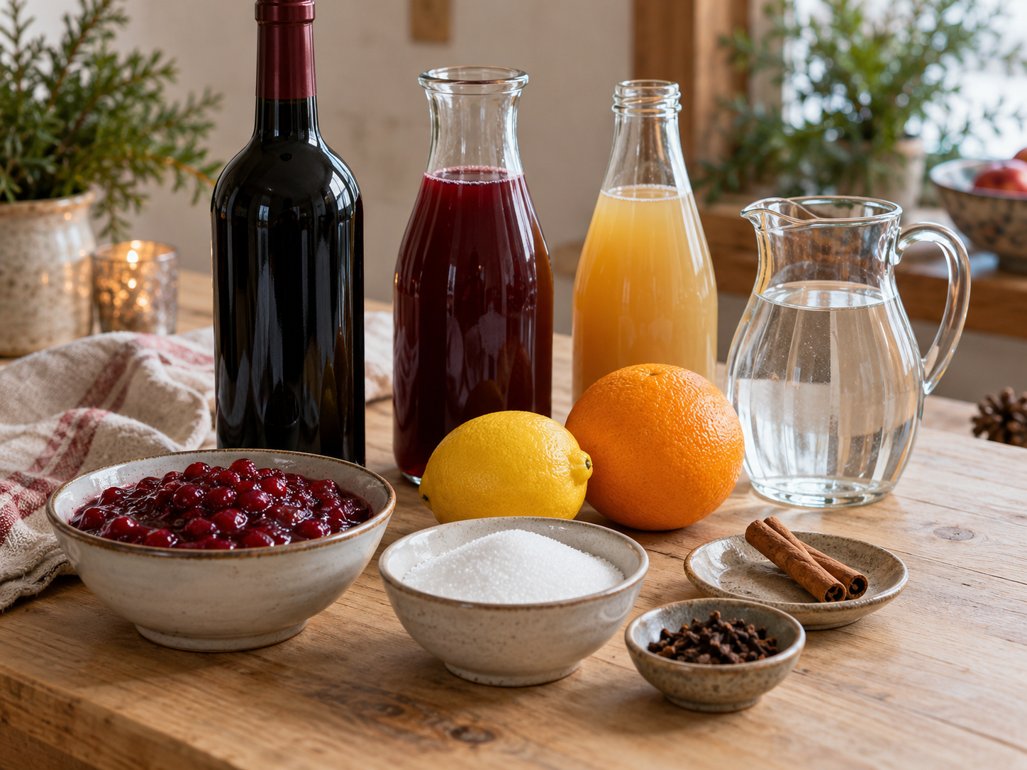 Zutaten für Preiselbeerpunsch mit Preiselbeeren, Zitrus und Gewürzen