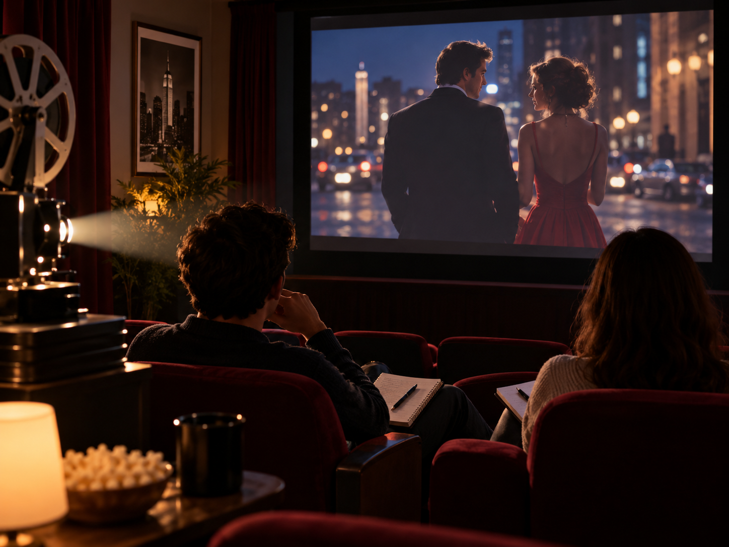 Kleiner Vorführraum mit Zuschauern, die eine romantische Filmszene analysieren.