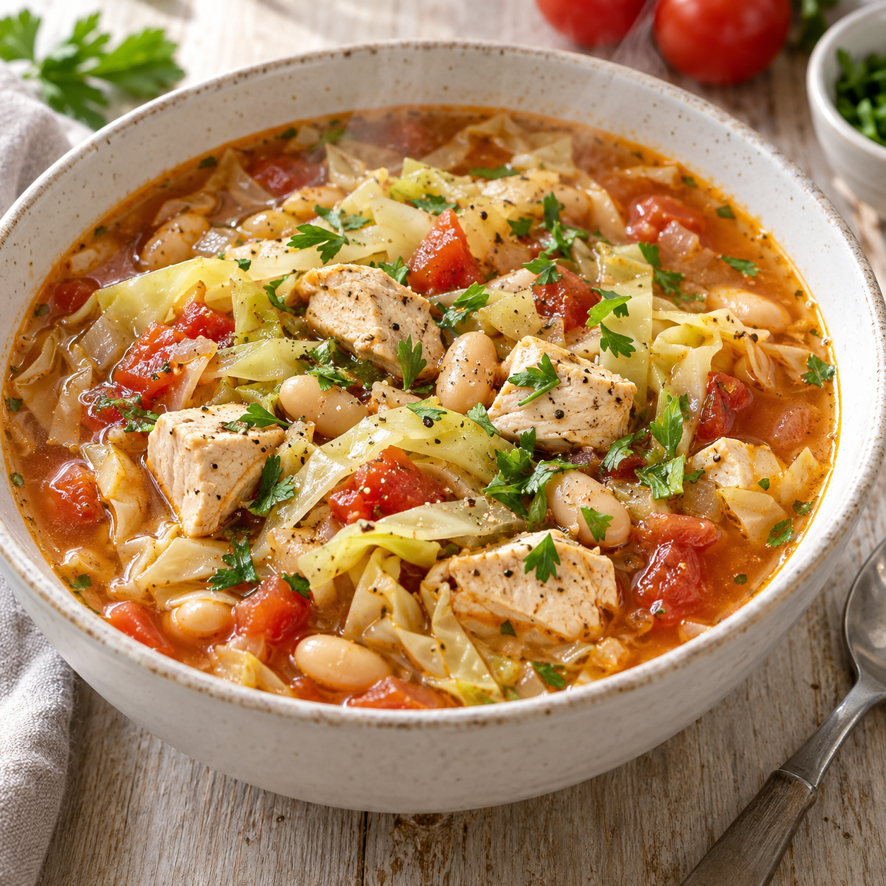 Proteinreiche Kohlsuppe mit Hähnchen, weißen Bohnen und Petersilie