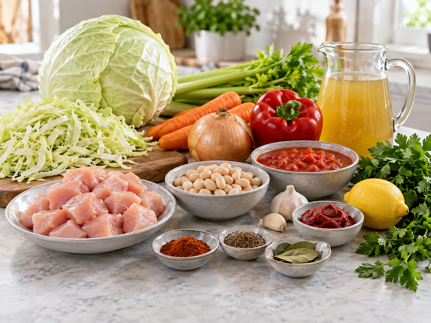 Zutaten für Kohlsuppe mit Weißkohl, Hähnchen, Bohnen und Gemüse