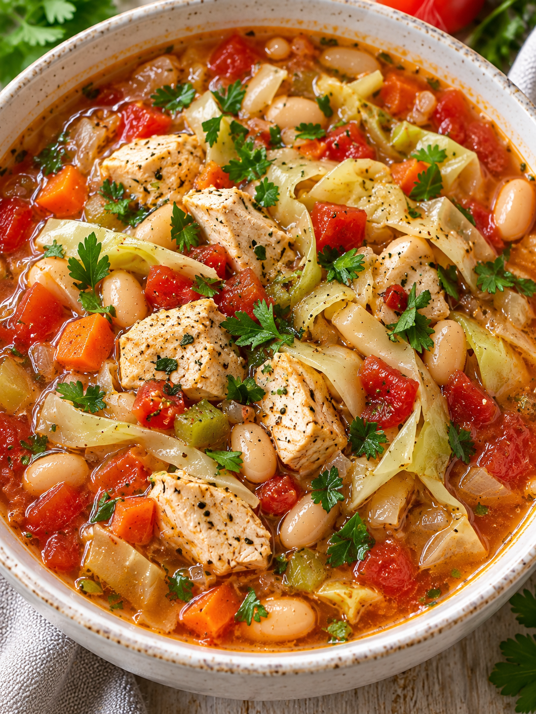 Schale Kohlsuppe mit Hähnchen, weißen Bohnen, Tomaten und Petersilie