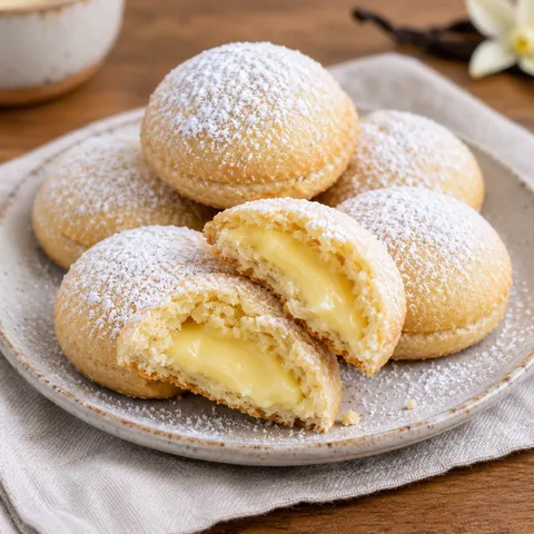 Puddinggefüllte Kekse mit Puderzucker und sichtbarer Vanillecreme