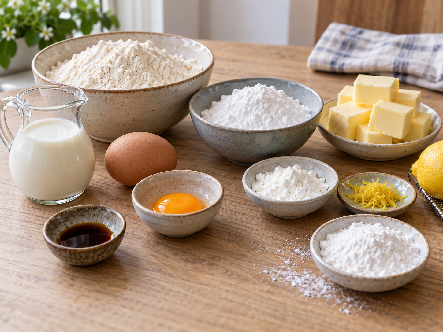 Zutaten für puddinggefüllte Kekse mit Mehl, Butter, Milch und Vanille