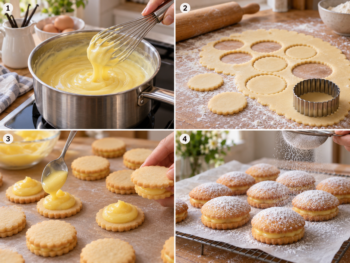 Vier Schritte für puddinggefüllte Kekse vom Pudding bis zum Bestäuben