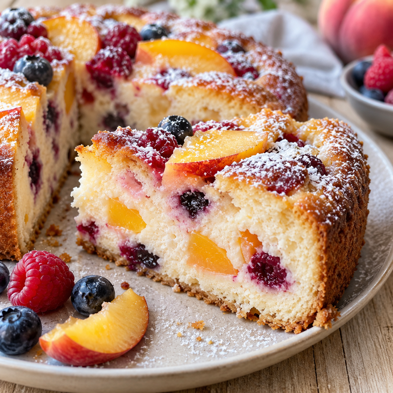 Quark-Früchte-Kuchen mit Beeren und Puderzucker auf hellem Teller