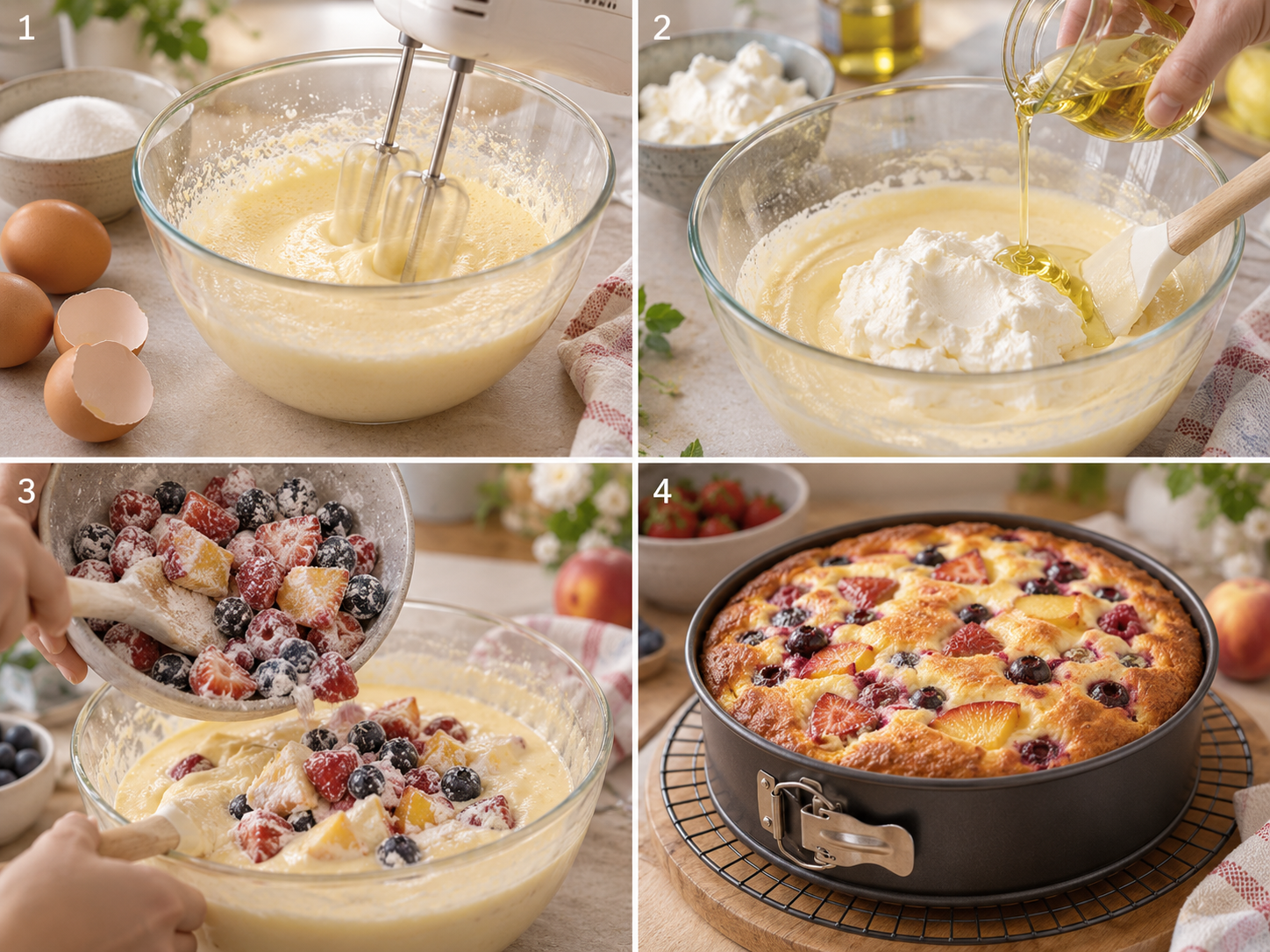 Vier Schritte für Quark-Früchte-Kuchen vom Rühren bis zum Backen