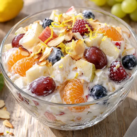 Quark-Obst-Salat mit Sahne, Beeren, Trauben und Mandarine