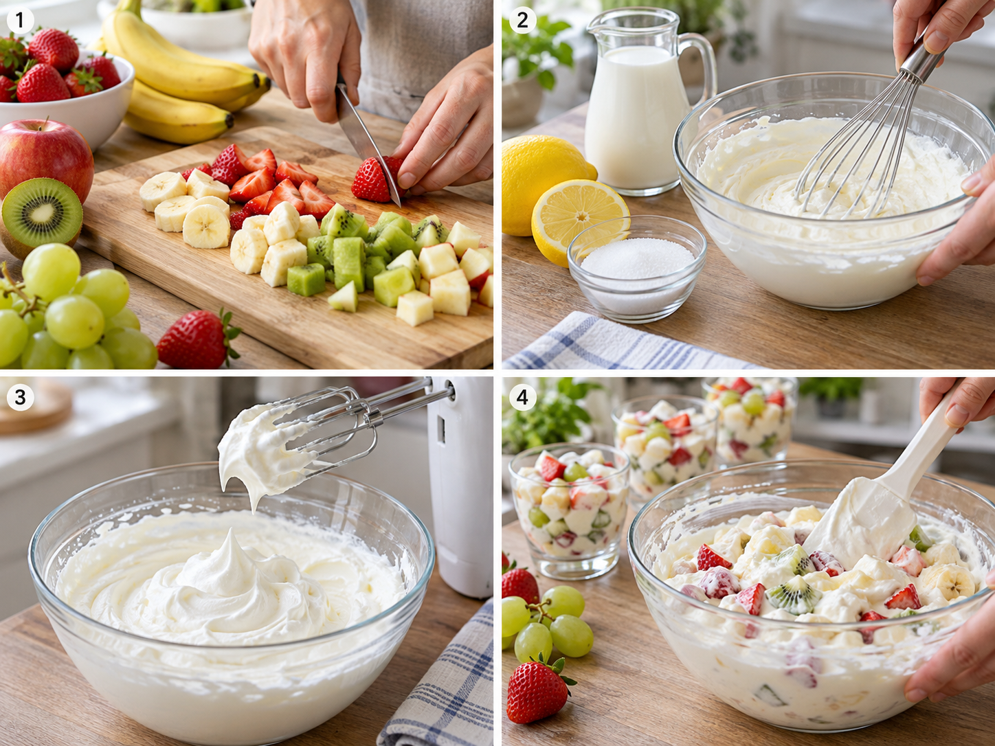 Vier Zubereitungsschritte für Quark-Obst-Salat mit Sahne