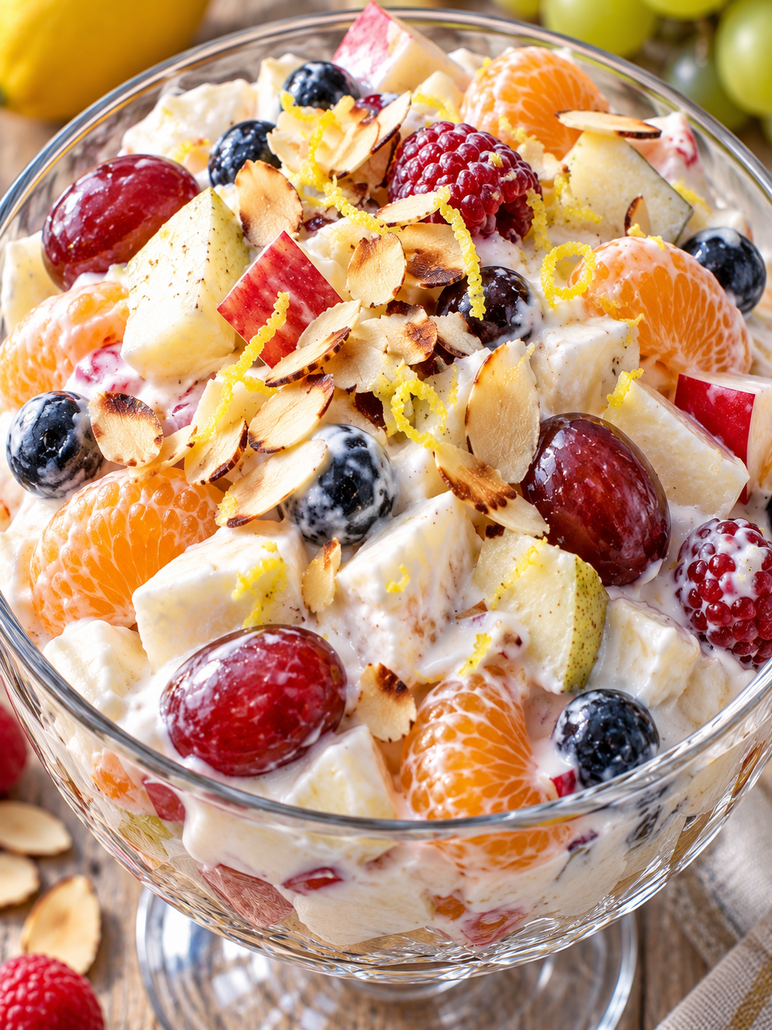 Cremiger Quark-Obst-Salat im Glas mit Beeren und Mandeln