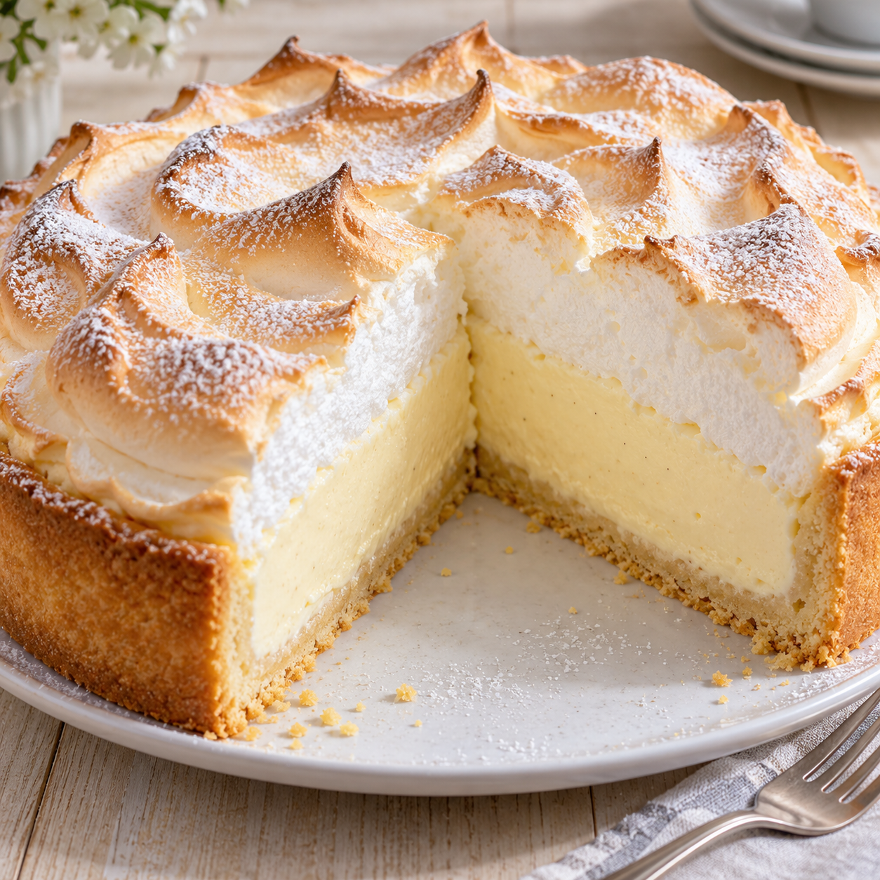 Quark-Schneekuchen mit Vanillepudding und welliger Baiserhaube