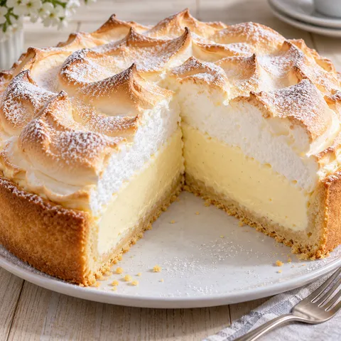 Quark-Schneekuchen mit Vanillepudding und welliger Baiserhaube