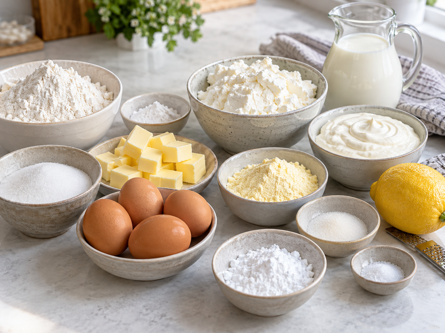 Zutaten für Quark-Schneekuchen mit Quark, Eiern und Vanillepuddingpulver