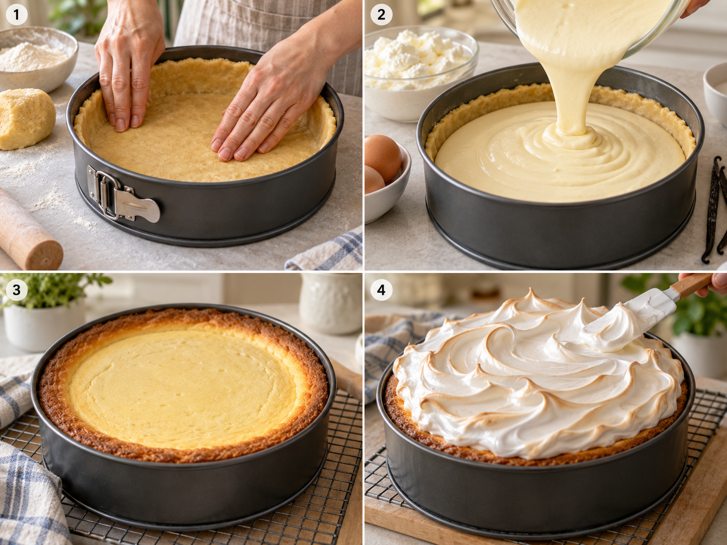 Vier Schritte für Quark-Schneekuchen vom Boden bis zur Baiserhaube