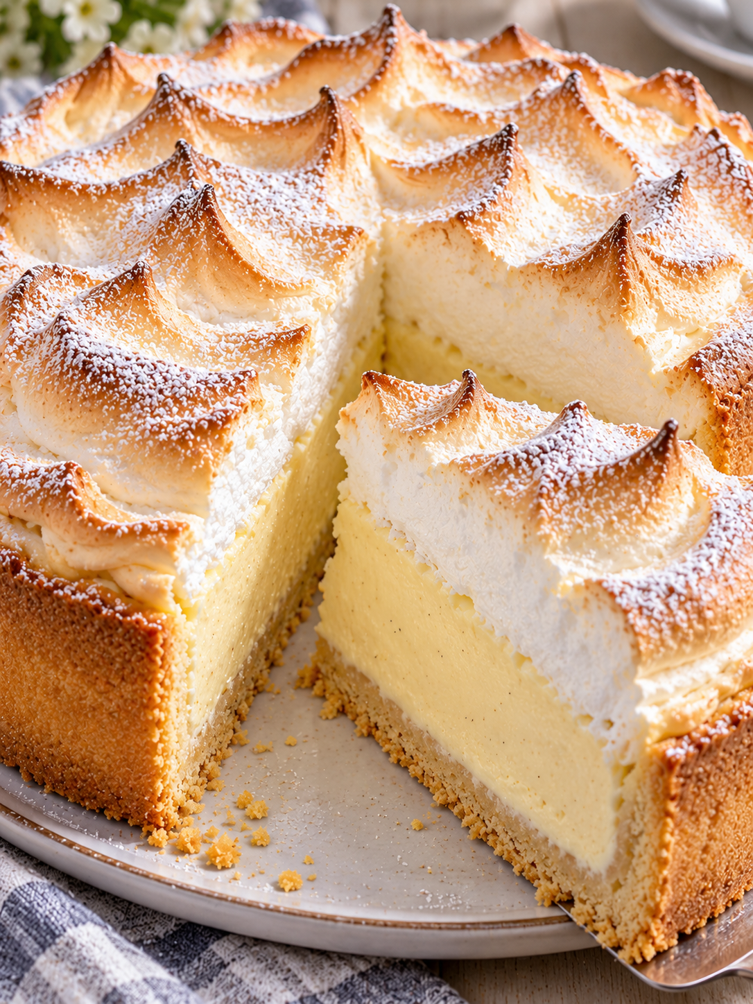 Angeschnittener Quark-Schneekuchen mit Vanillepudding und goldener Baiserhaube