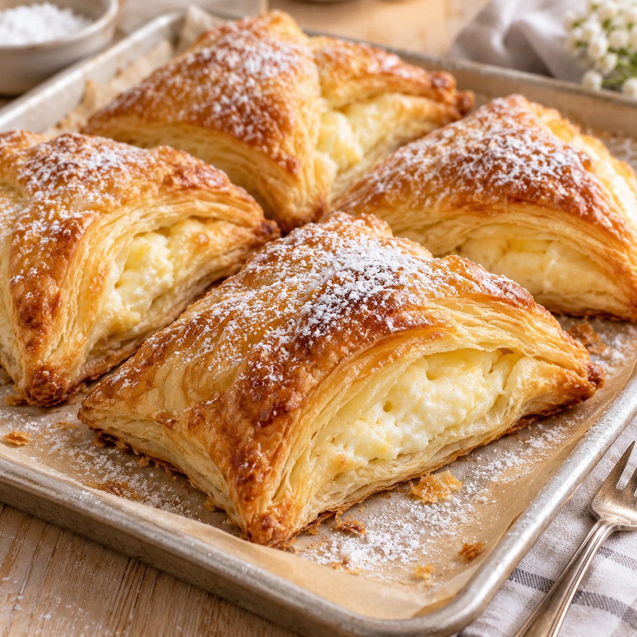 Goldbraune Quarktaschen mit Puderzucker auf einem Backblech