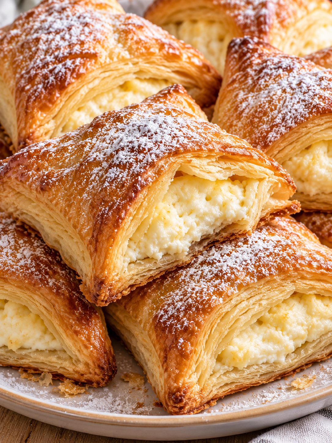 Quarktaschen mit Puderzucker und sichtbarer cremiger Füllung