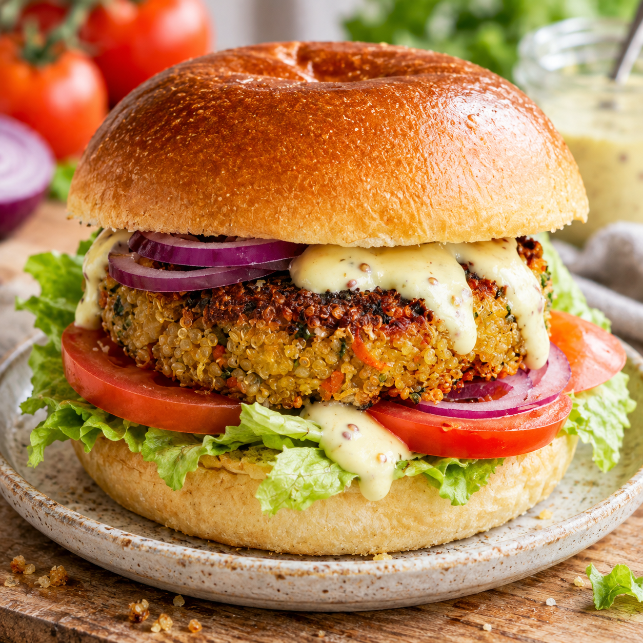 Quinoa-Burger mit Salat, Tomate, roten Zwiebeln und Joghurt-Senf-Sauce