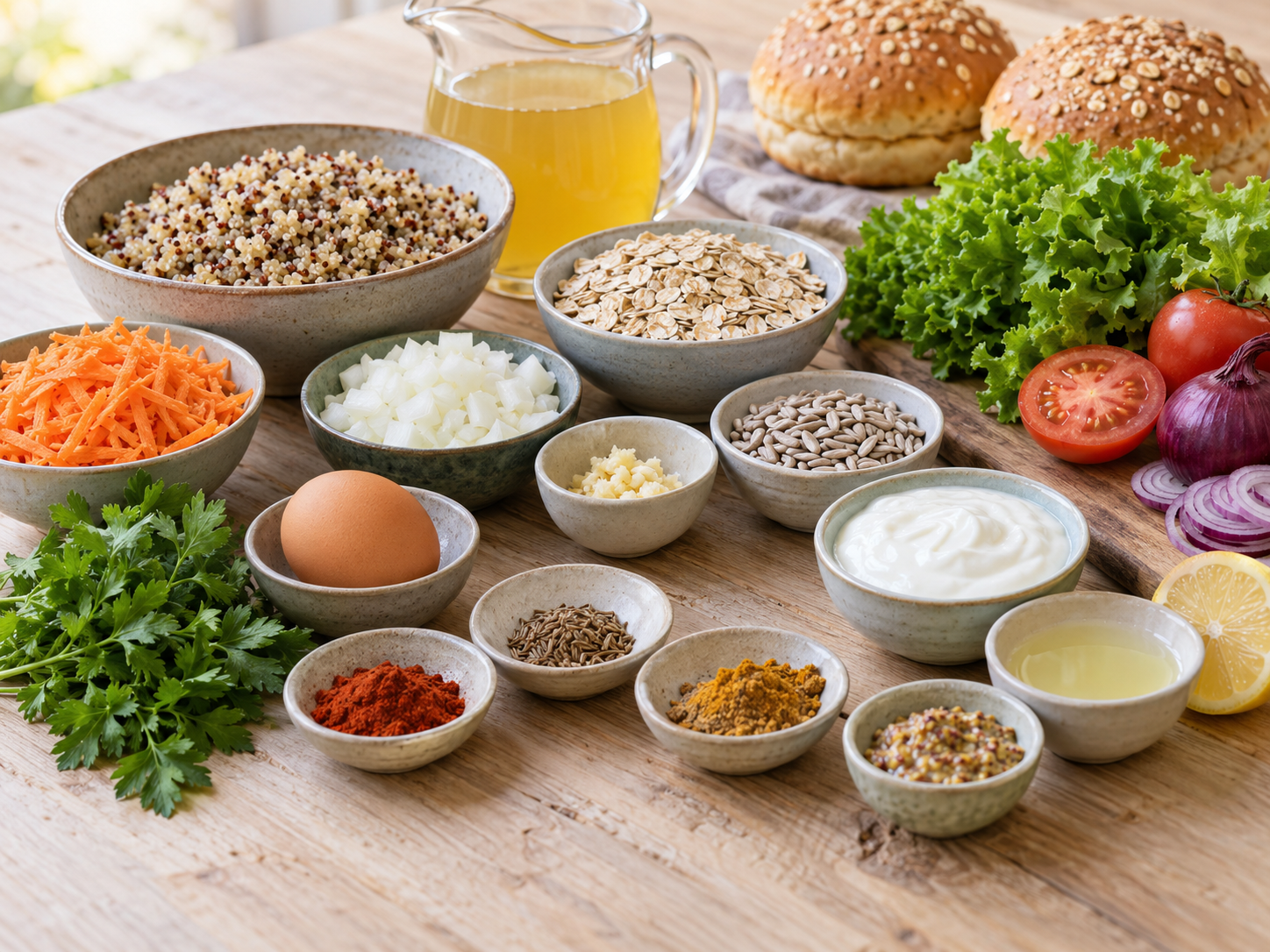 Zutaten für Quinoa-Burger mit Gemüse, Haferflocken, Joghurt und Brötchen