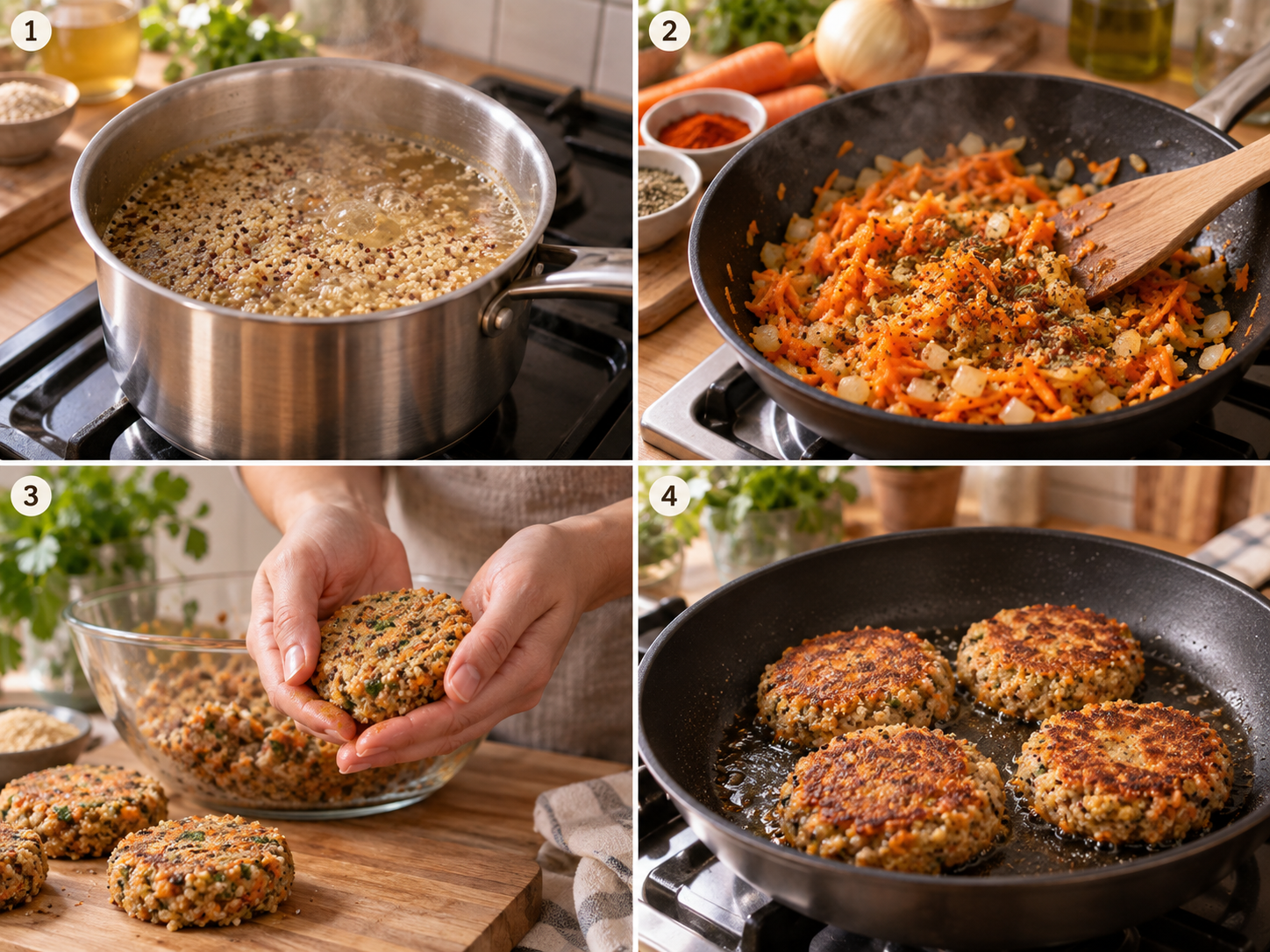 Vier Schritte für Quinoa-Burger vom Kochen bis zum Braten der Patties