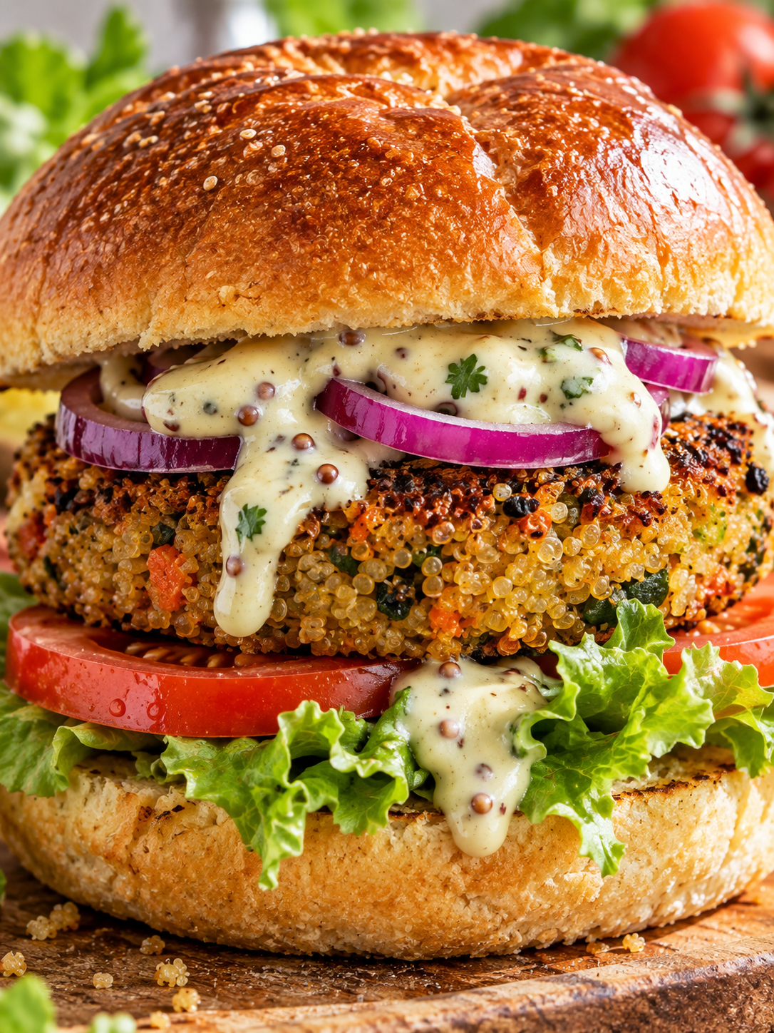 Quinoa-Burger mit knusprigem Pattie, Sauce, Salat und roten Zwiebeln