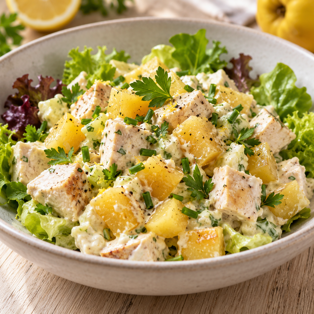 Quitten-Geflügel-Salat mit Hühnerbrust in heller cremiger Sauce
