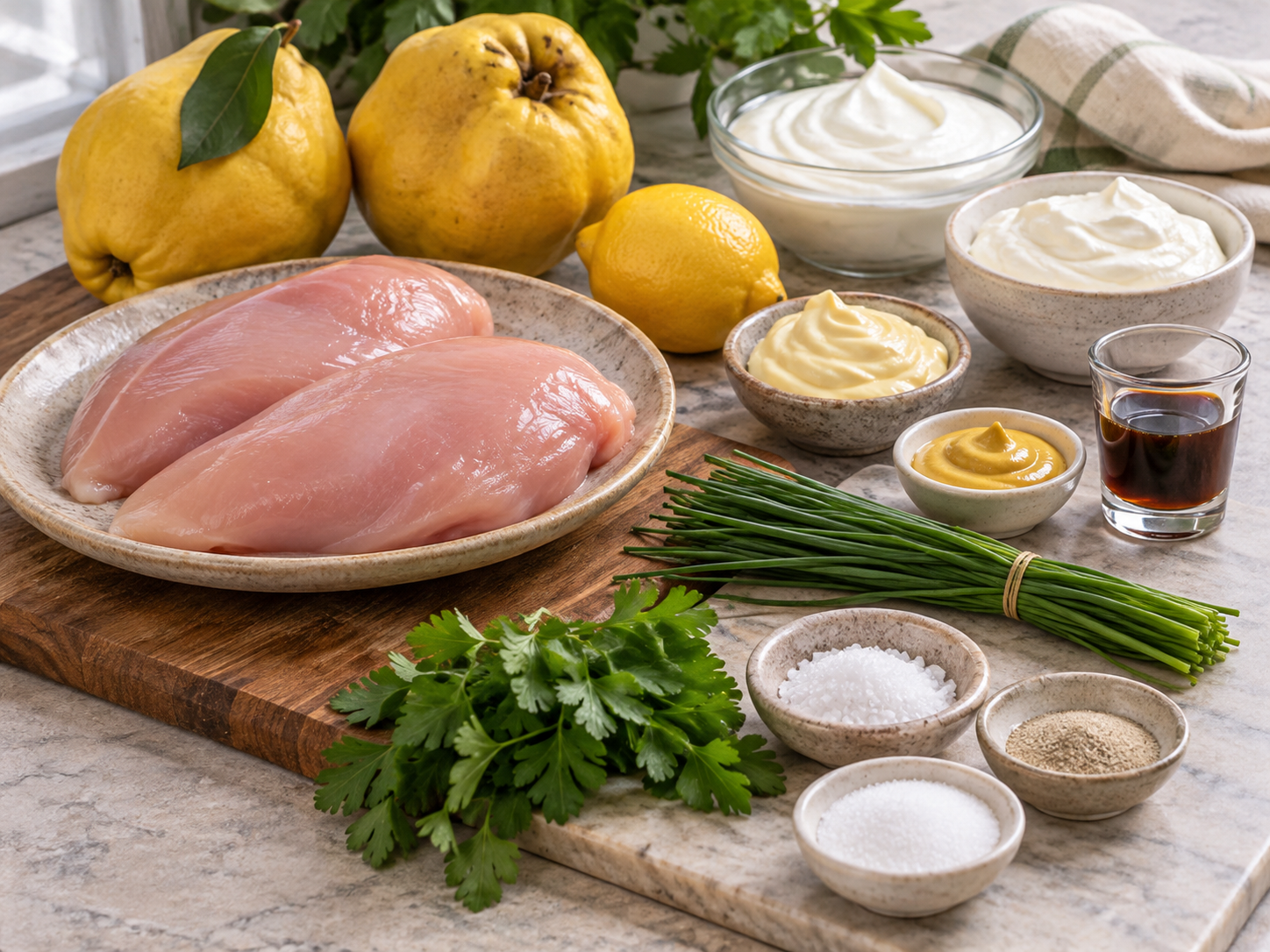 Zutaten für Quitten-Geflügel-Salat mit Hühnerbrust und Kräutern
