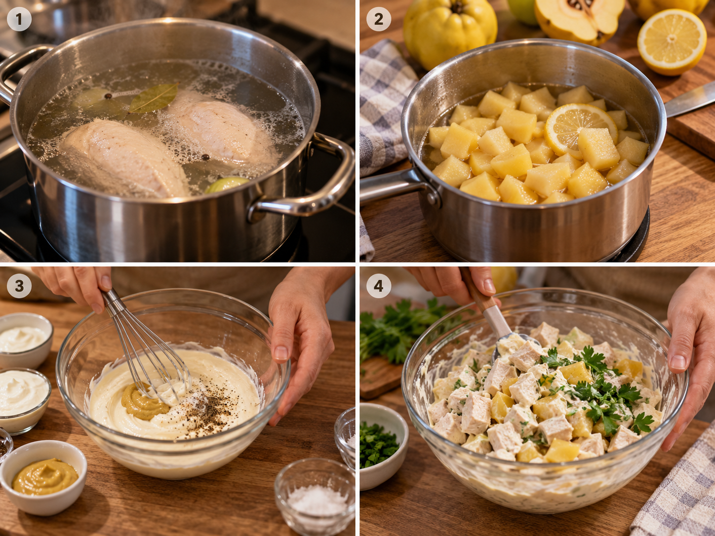 Vier Schritte für Quitten-Geflügel-Salat vom Garen bis zum Mischen