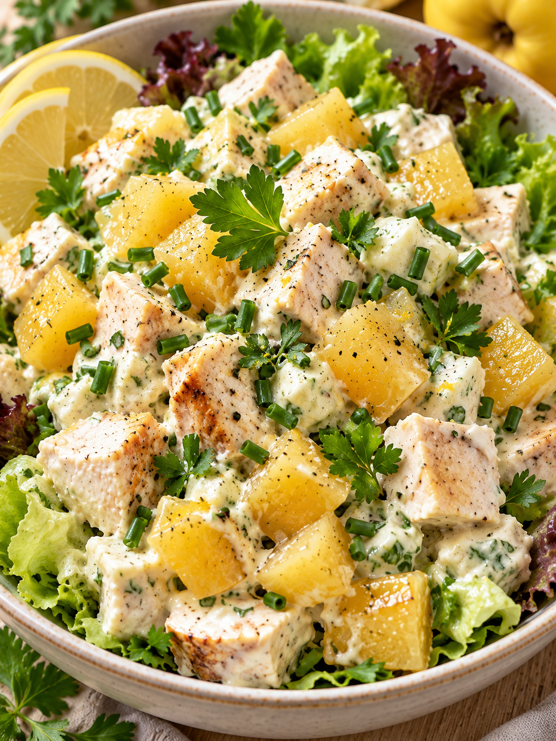 Cremiger Quitten-Geflügel-Salat mit Hühnerbrust und frischen Kräutern