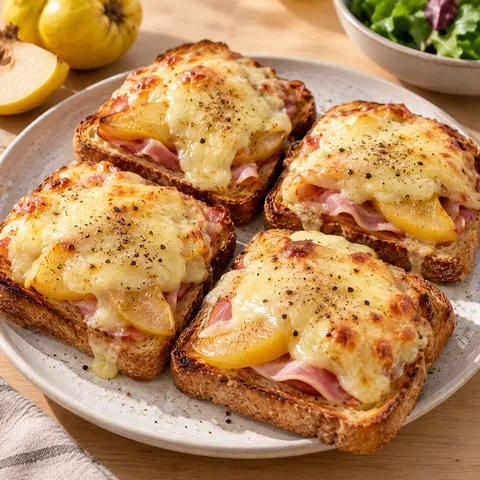 Überbackener Quitten-Schinken-Toast mit geschmolzenem Käse