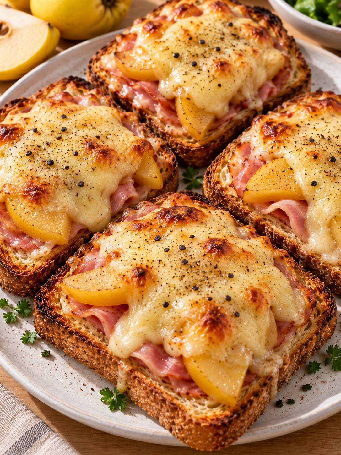 Goldbrauner Quitten-Schinken-Toast mit Käse auf hellem Teller