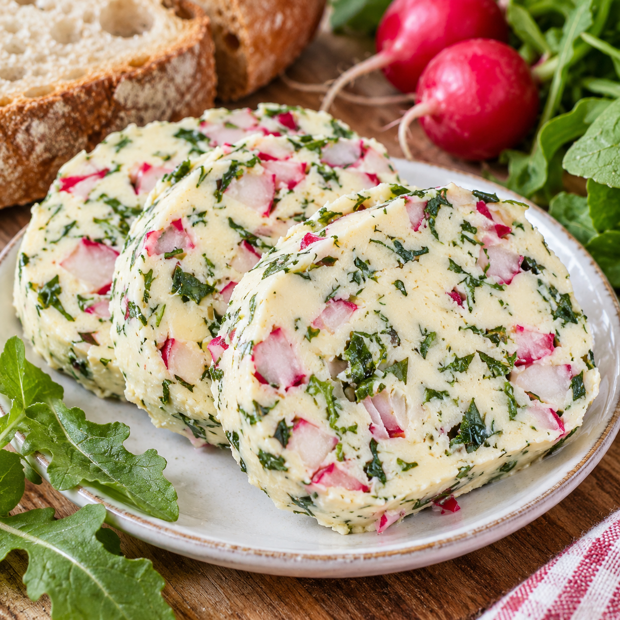 Radieschen-Rucola-Butter in Scheiben mit Brot und frischen Radieschen