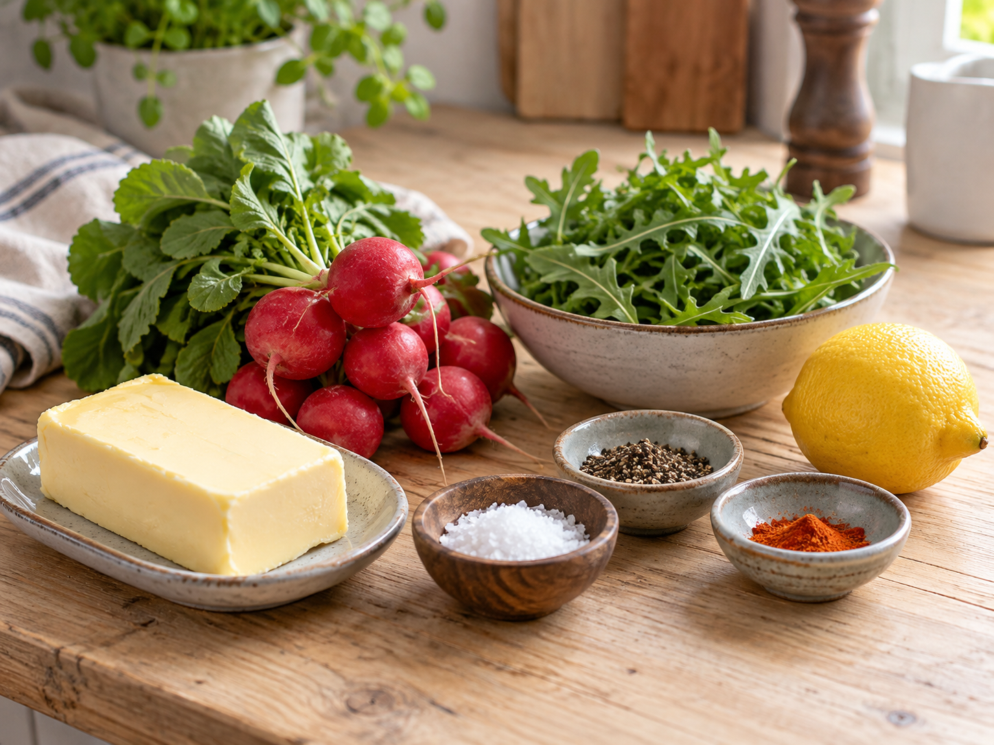 Zutaten für Radieschen-Rucola-Butter mit Butter, Radieschen und Zitrone