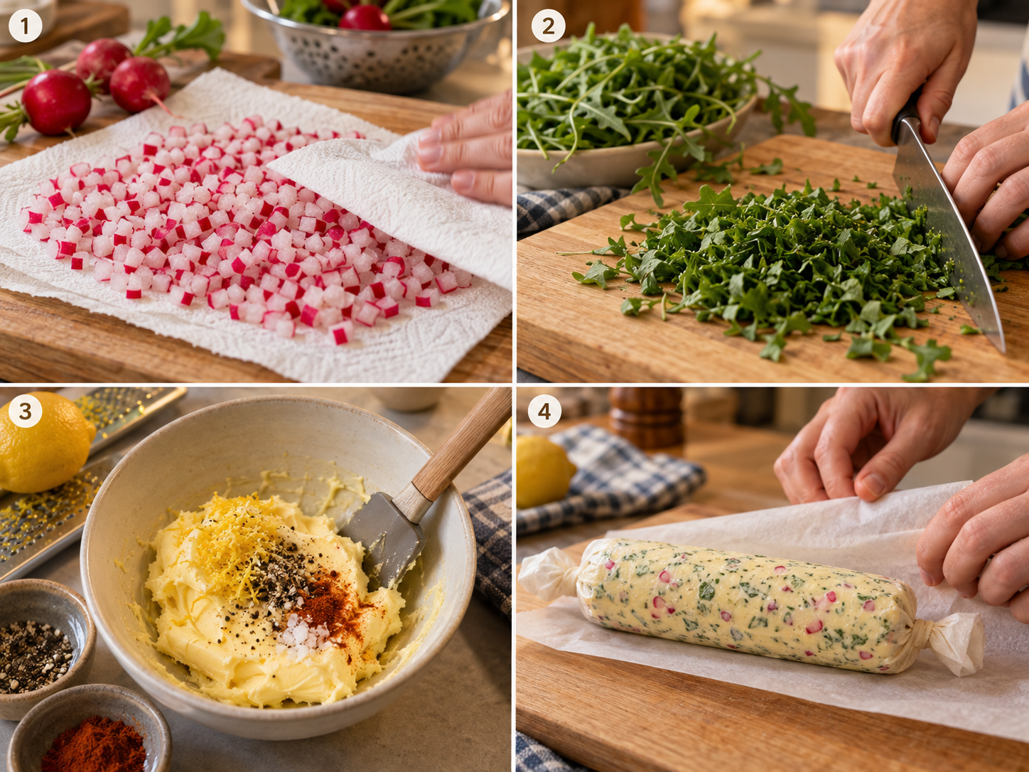 Vier Schritte für Radieschen-Rucola-Butter vom Schneiden bis zum Formen