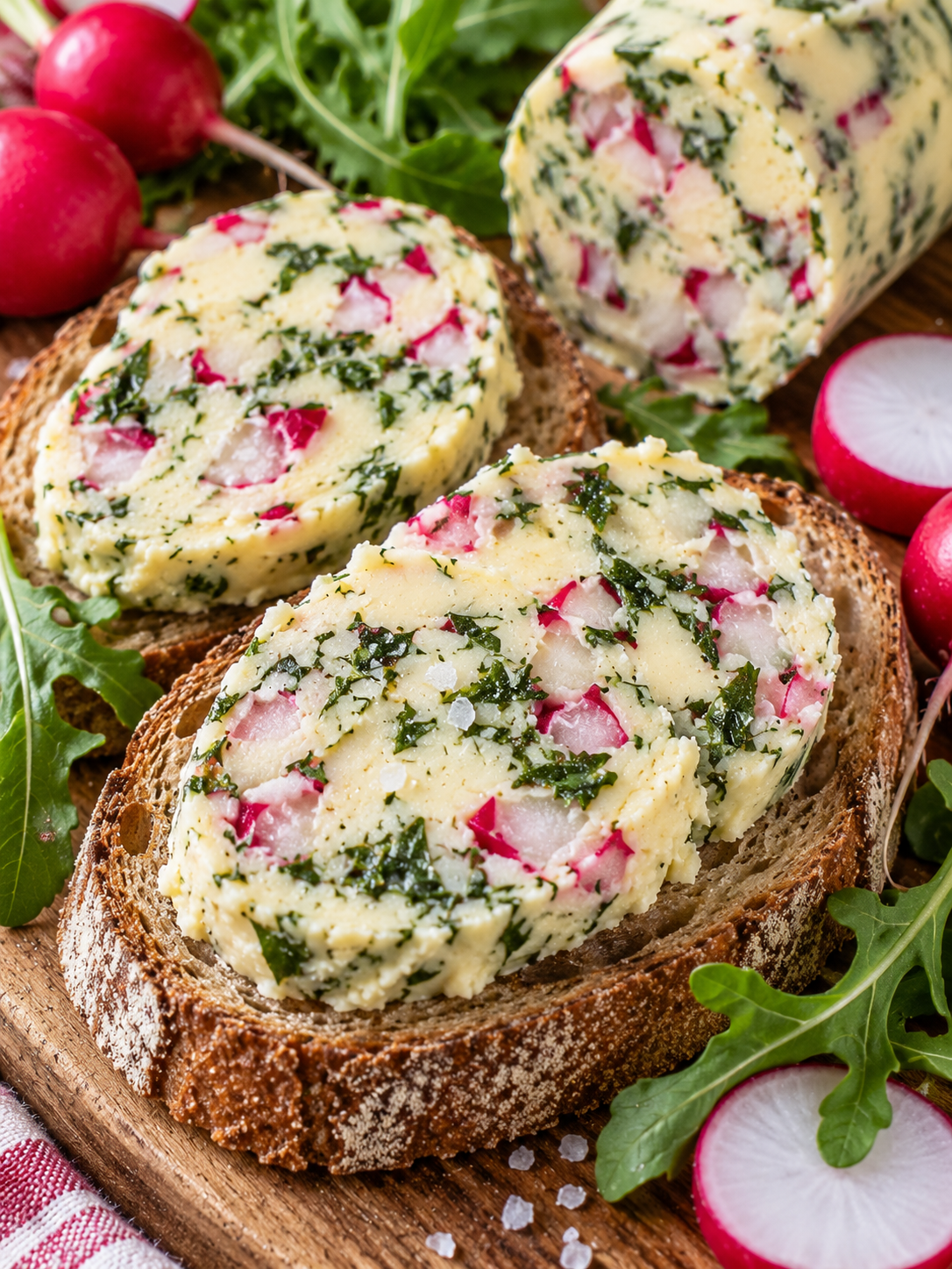 Radieschen-Rucola-Butter auf rustikalem Brot mit frischem Rucola