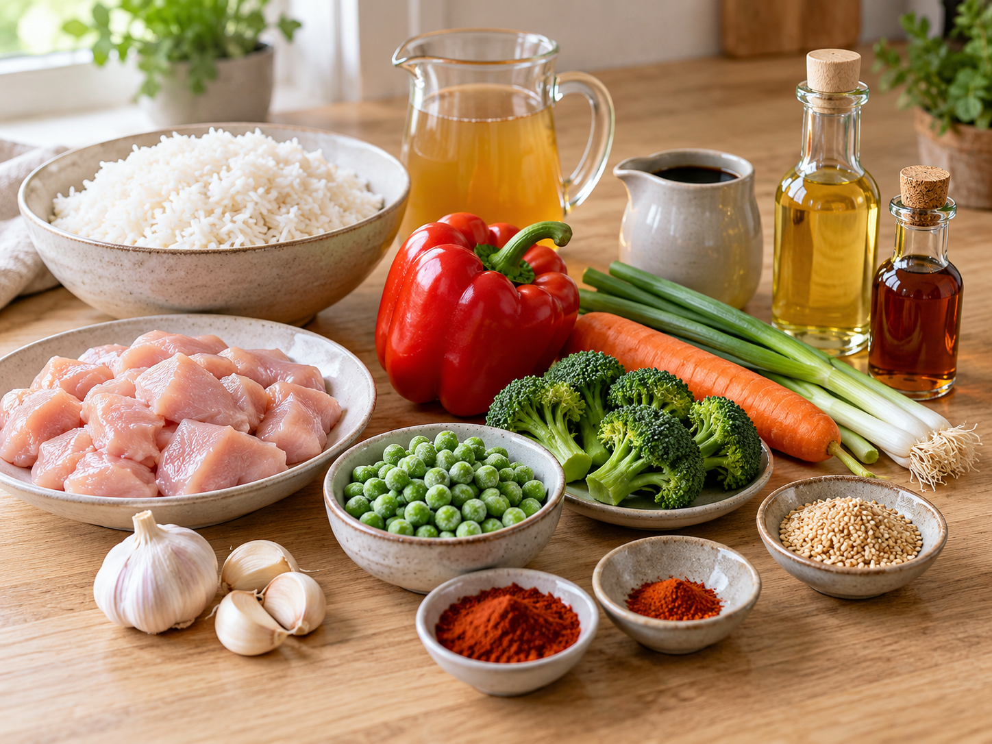 Zutaten für Reis-Hähnchen-Pfanne mit Gemüse und Würzsauce