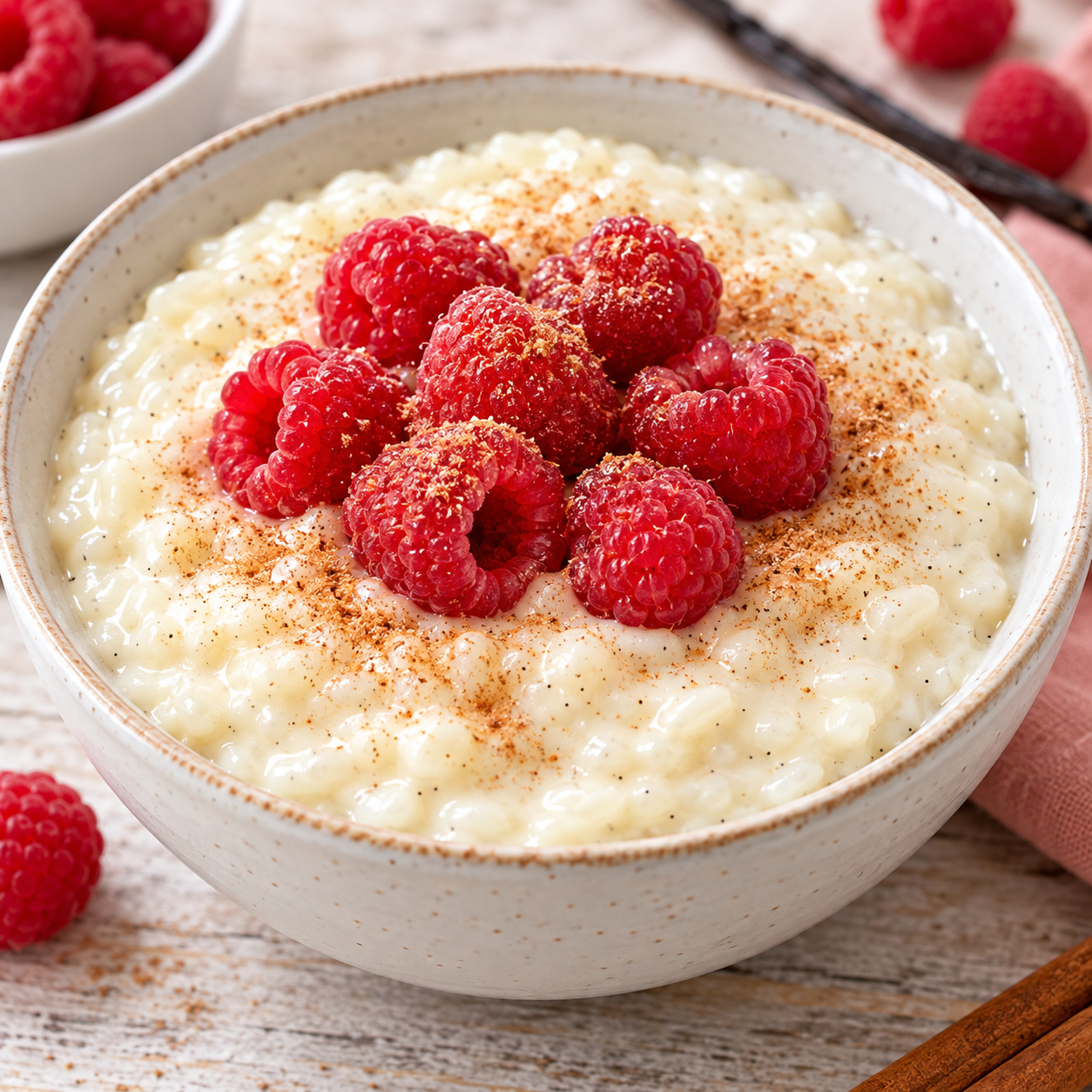 Cremiger Reispudding mit Himbeeren und Vanille in einer hellen Schale