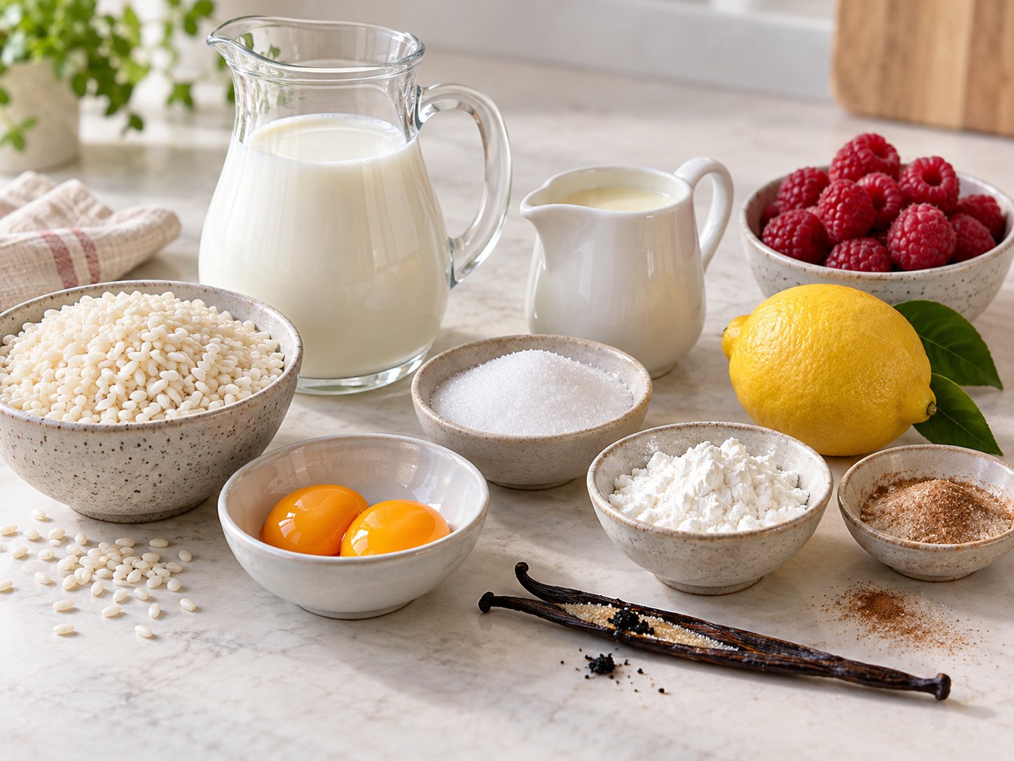 Zutaten für Reispudding mit Reis, Milch, Vanille, Eigelb und Himbeeren