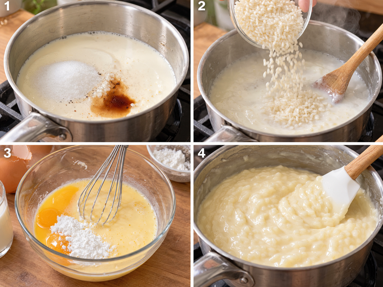 Vier Schritte für Reispudding vom Milch erhitzen bis zum cremigen Rühren