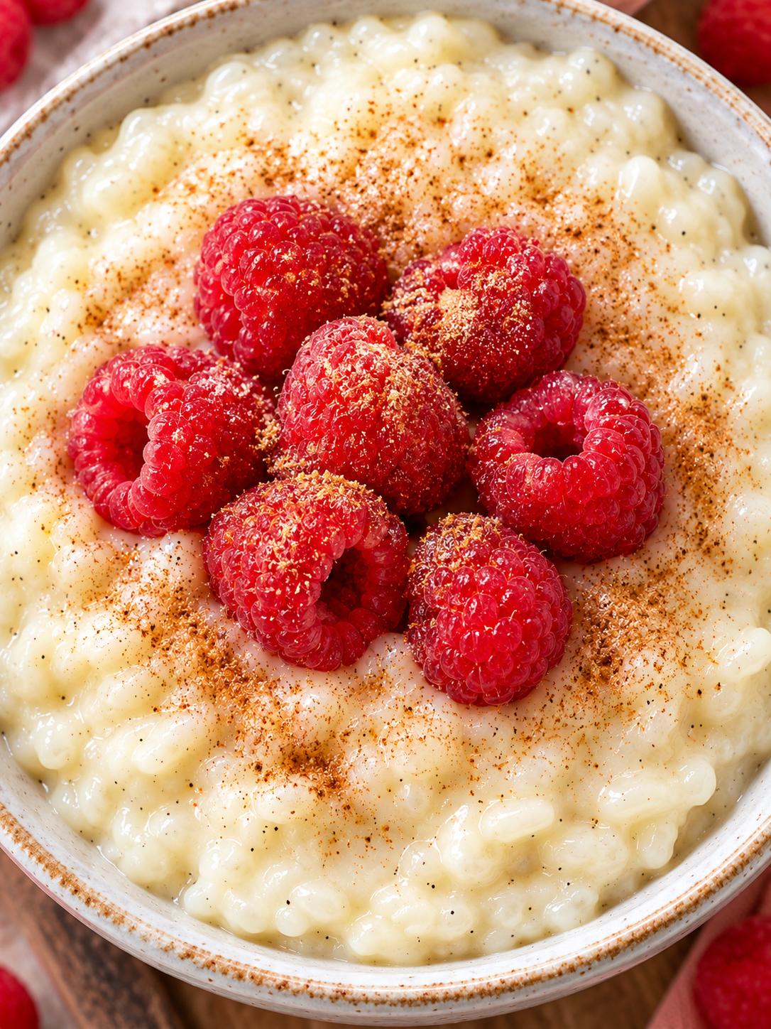Reispudding mit Himbeeren, Vanillepunkten und Zimt-Zucker in einer Schale