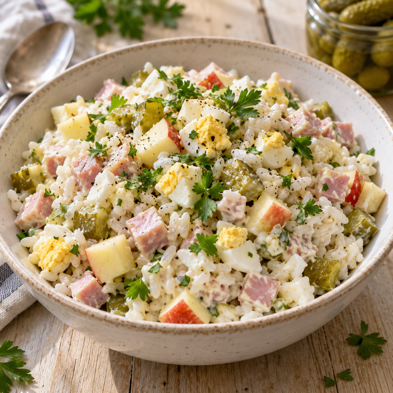 Reissalat mit Apfel, Schinken, Ei, Gewürzgurken und Petersilie
