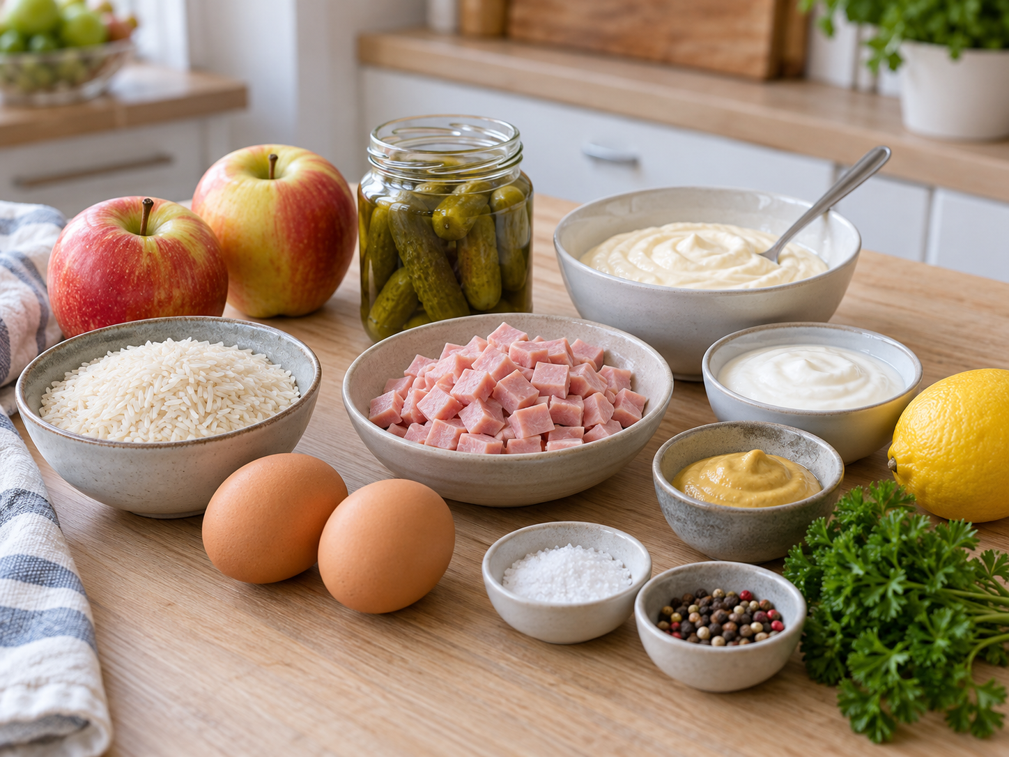Zutaten für Reissalat mit Äpfeln, Schinken, Ei und Gewürzgurken