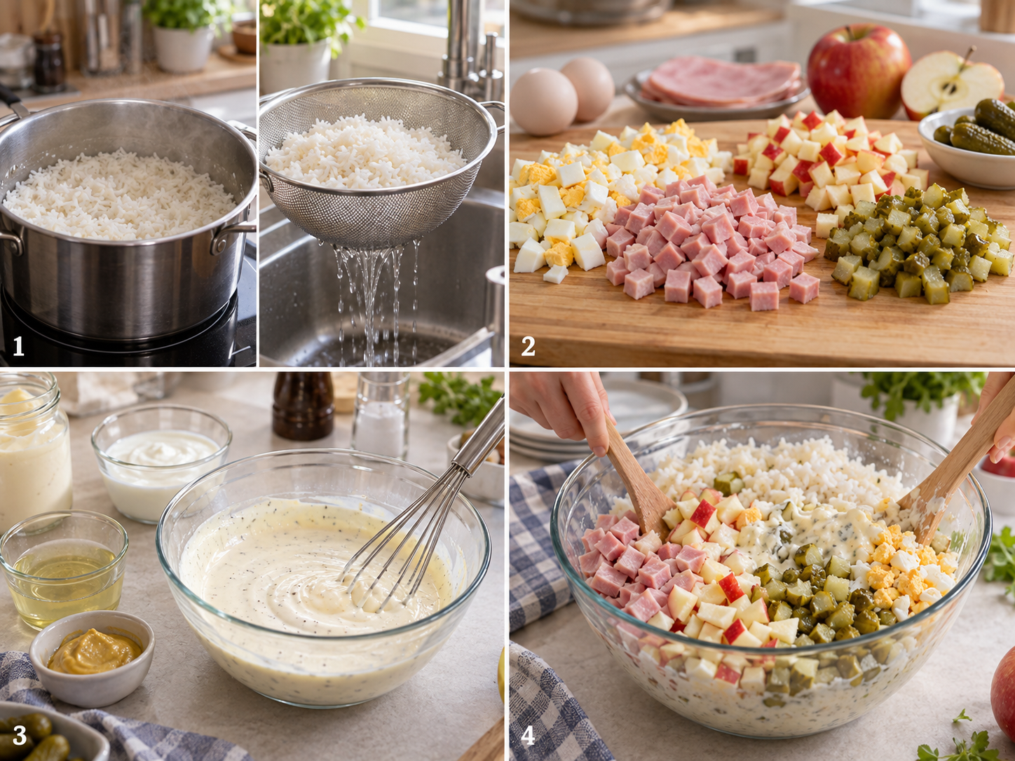 Vier Zubereitungsschritte für cremigen Reissalat mit Apfel und Schinken