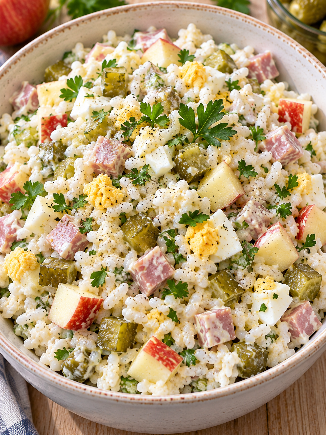 Cremiger Reissalat mit Apfel, Schinken, Ei und Petersilie