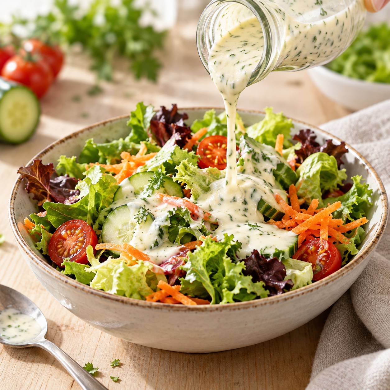 Cremige Restaurant-Salatsauce auf Blattsalat mit Tomaten und Moehren