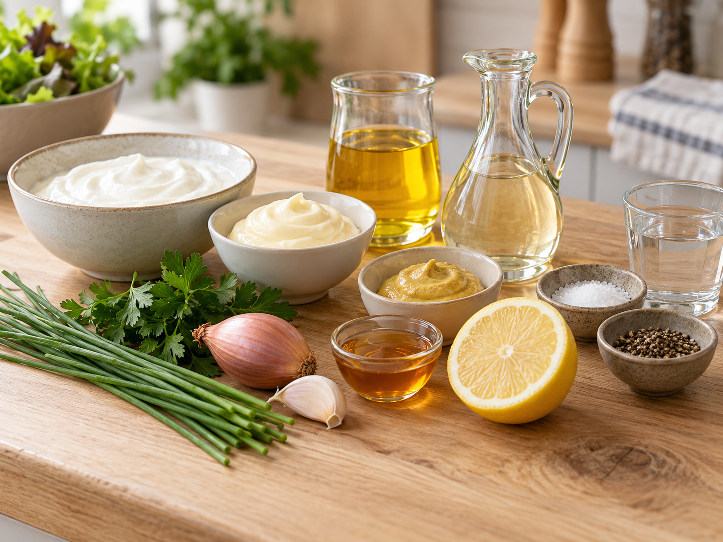 Zutaten fuer cremige Restaurant-Salatsauce mit Joghurt und Kraeutern
