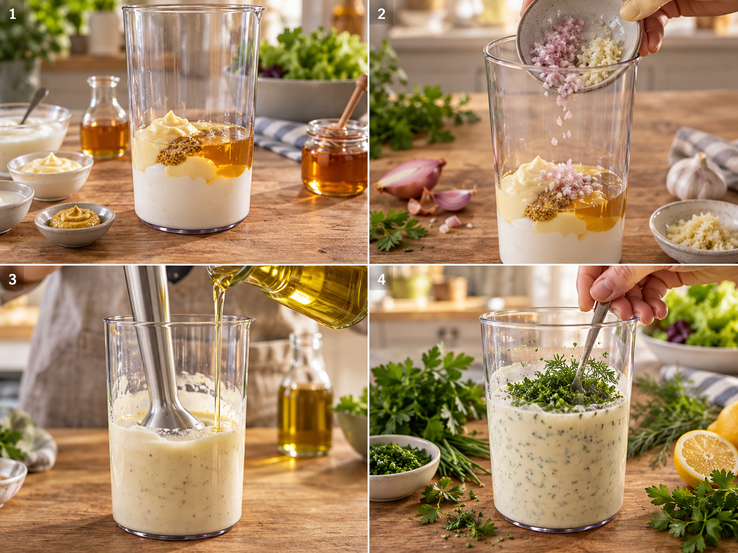Vier Schritte beim Anruehren cremiger Restaurant-Salatsauce